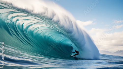 Surfer on a big wave in Hawaii, a man on a board on turquoise water © standret