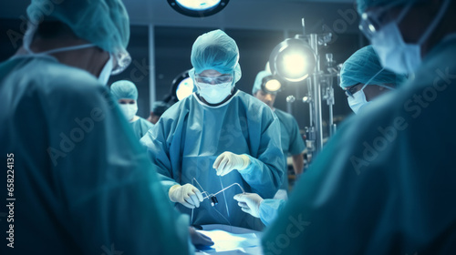 Team of medical doctors performs surgical operation in modern operating room using high-tech technology. Surgeons are working to save the patient in the hospital. photo