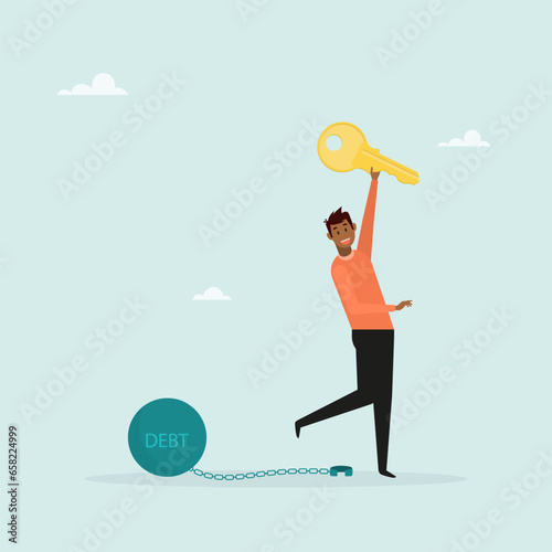 Freedom from debt or freedom to pay off debts, a loan or mortgage, a solution to a financial problem. Happy businessman holding golden key after unlocking debt chain.
