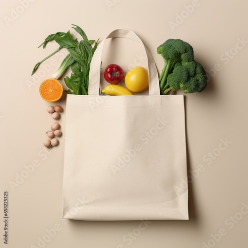 Light eco cotton tote bag with food products. AI generated photo