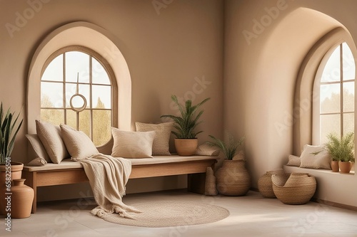 Boho farmhouse home interior design of modern living room. Rustic wooden bench with pillows and clay pot against arched window near beige stucco wall  © Carlos