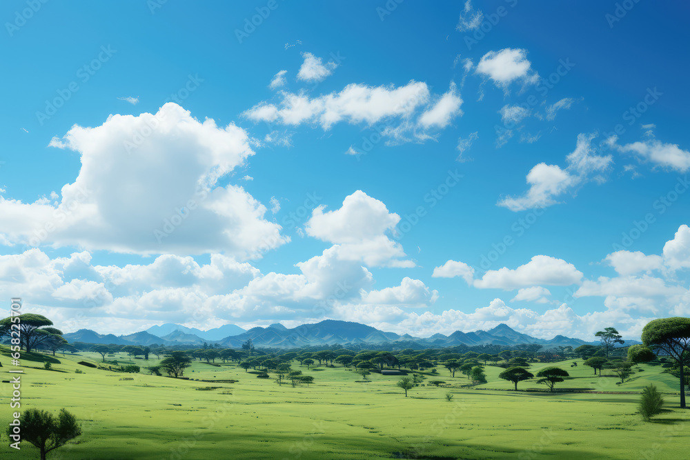 Landscape of savanna with green grass and blue sky with white clouds