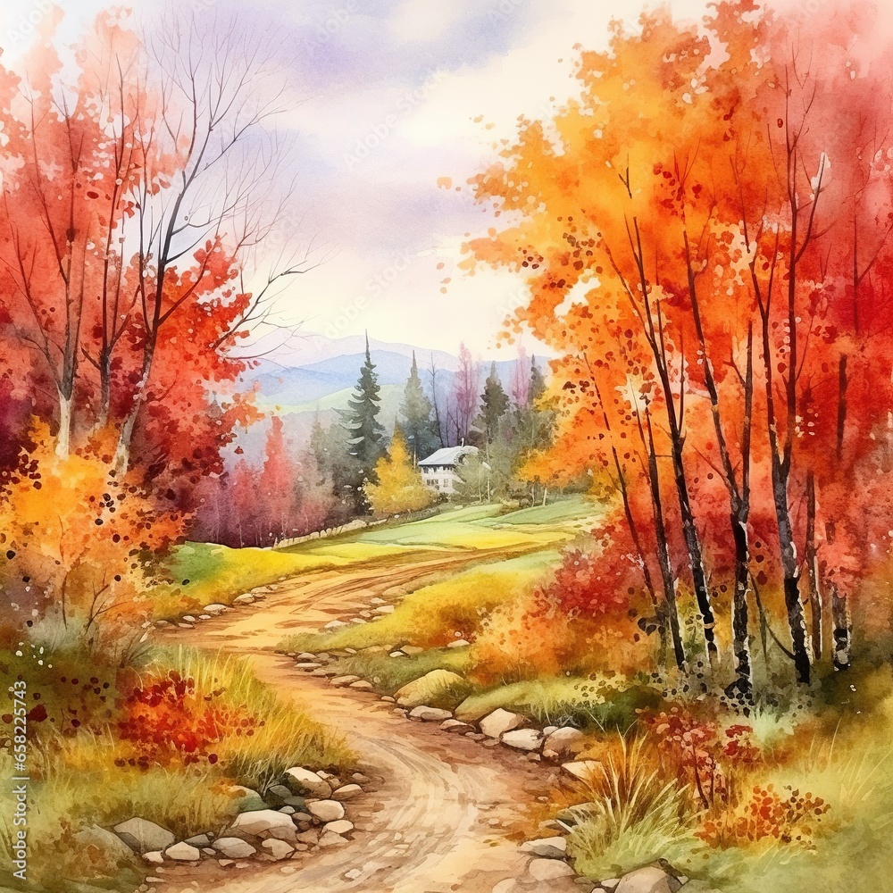 Fototapeta premium Watercolor autumn landscape, watercolor painting, leaf fall