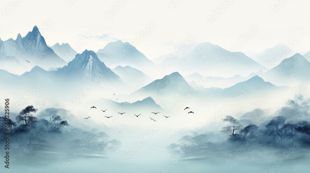Landscape of serene blue mountains with rolling contours and a flock of birds soaring in the sky, captured in the traditional style of oriental ink painting known as sumi-e, u-sin, or go-hua. - obrazy, fototapety, plakaty 