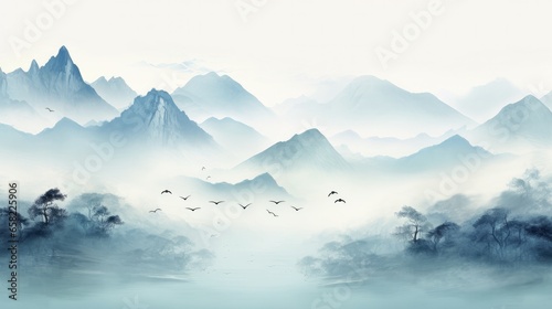 Landscape of serene blue mountains with rolling contours and a flock of birds soaring in the sky  captured in the traditional style of oriental ink painting known as sumi-e  u-sin  or go-hua.