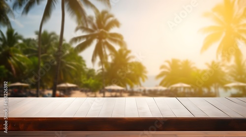 empty table top on blur palm tree background