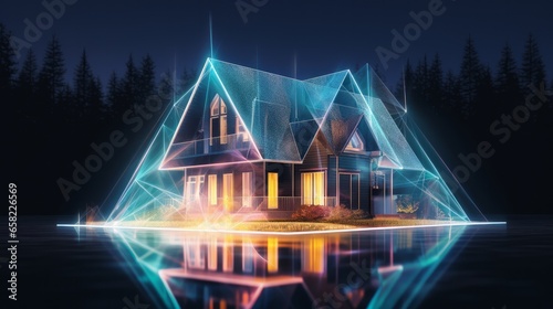 A holographic projection of a house, resembling a cottage, created through a flickering energy flux of particles in a scientific design, demonstrating innovative architectural concepts.