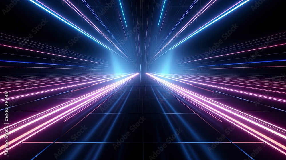 Empty light tunnel, high-tech corridor, movement of light rays, neon light. Generation AI - obrazy, fototapety, plakaty 