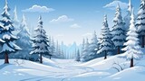 A snowy pine forest, a charming wintery scene, a repeating landscape of winter beauty, a horizontal view of the forest covered in snow.