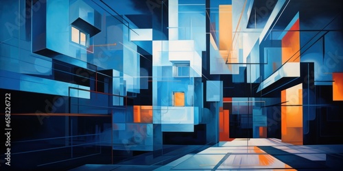 Abstract illustration of a blue building, figurative art, still life with dramatic lighting, cubo futurism, background photo