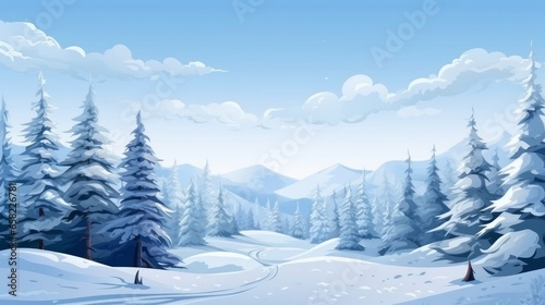 A snowy pine forest, a charming wintery scene, a repeating landscape of winter beauty, a horizontal view of the forest covered in snow. © Chingiz