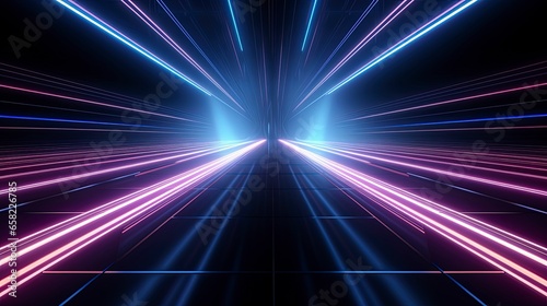 Empty light tunnel, high-tech corridor, movement of light rays, neon light. Generation AI
