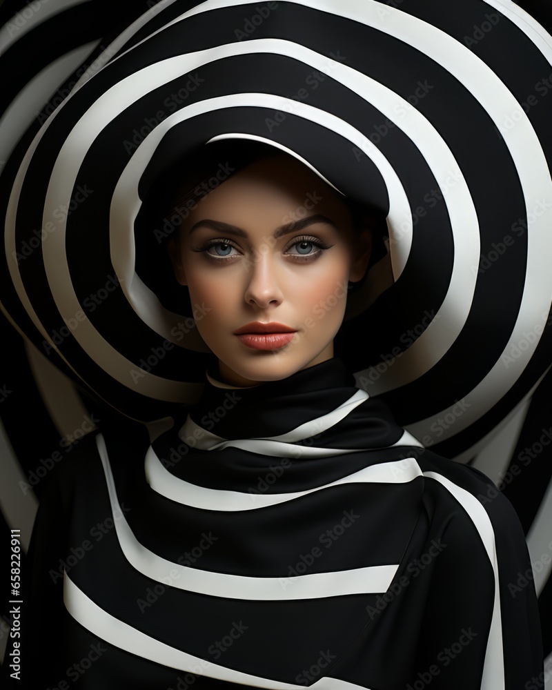 A woman stands out from the crowd in her striking black and white striped hat, a timeless statement of confidence and style