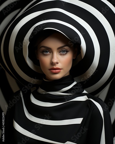 Obraz na płótnie A woman stands out from the crowd in her striking black and white striped hat, a timeless statement of confidence and style w salonie