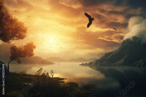 Fantasy landscape with a bird flying over the lake at sunset. 