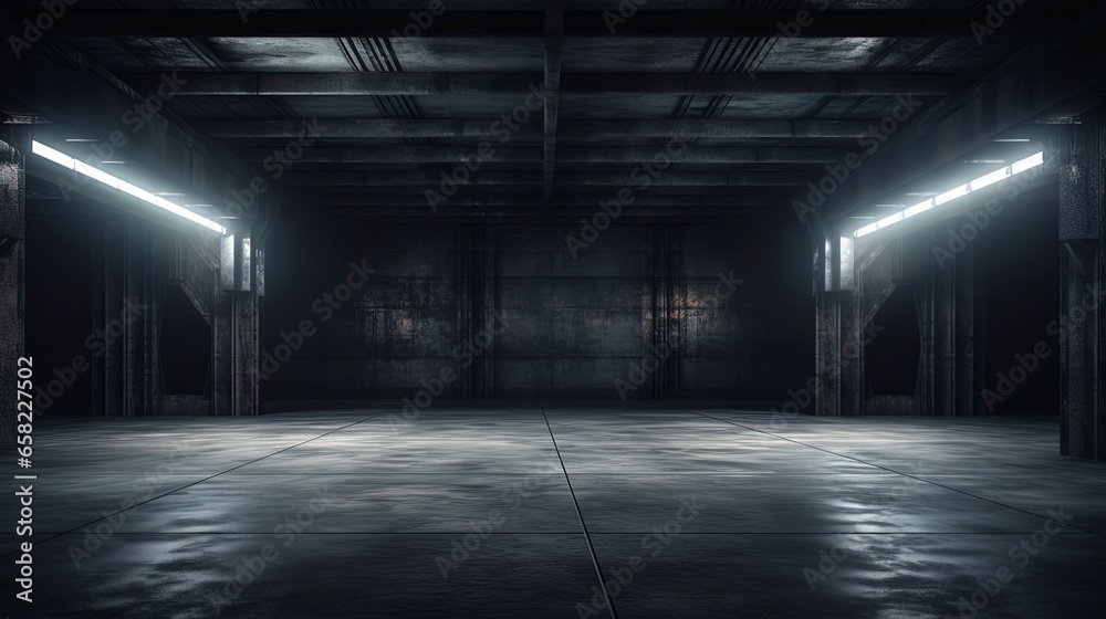 Empty dark underground tunnel, garage, corridor, warehouse with cement floor, asphalt, slab. LED lighting, neon lamps. Generation AI