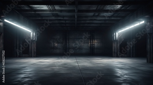 Empty dark underground tunnel, garage, corridor, warehouse with cement floor, asphalt, slab. LED lighting, neon lamps. Generation AI