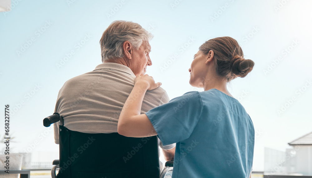 Fototapeta premium Old man in wheelchair, view or caregiver talking for healthcare support at nursing home. Back, window or nurse speaking to senior patient or elderly person with a disability for care, empathy or hope