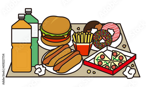ファーストフードが散らかった食卓のイラスト
