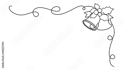 bell with holly berry in one line, single line art vector