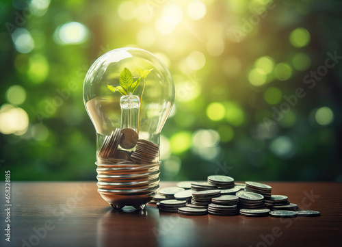 A small tree planted in an energy-saving light bulb and money inside. Generative AI