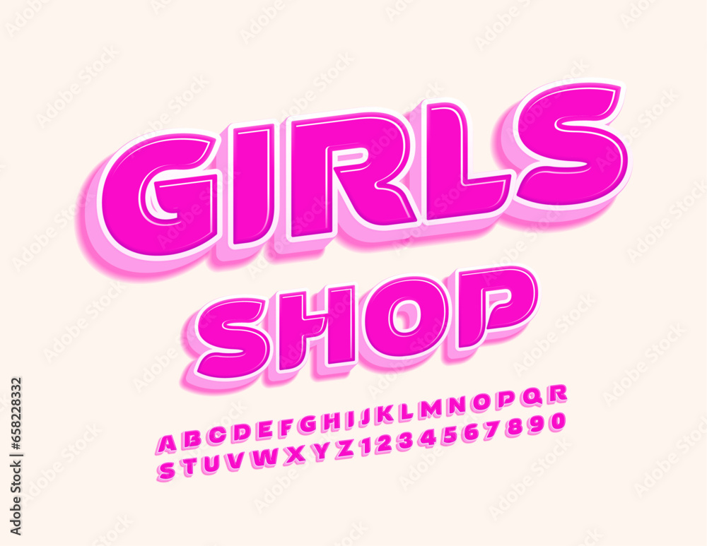 Vector stylish Signboard Girls Shop. Pink Glossy 3D Font. Elegant rotated Alphabet Letters, Numbers and Symbols set