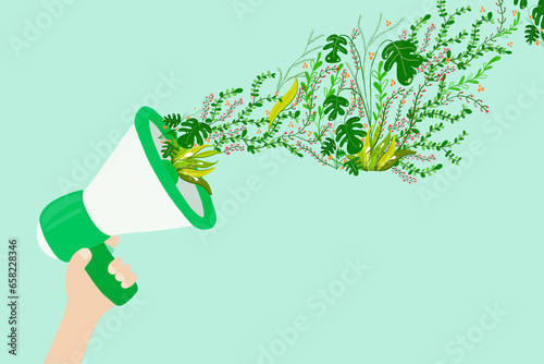Illustration of hand holding megaphonespewing green plants