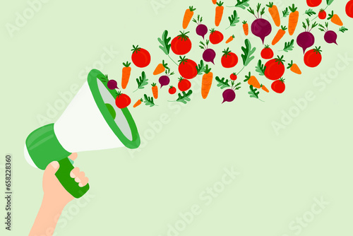 Illustration of hand holding megaphonespewing raw vegetables