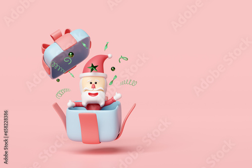 surprise gift box with Santa Claus isolated on pink background. merry christmas and happy new year, 3d render illustration