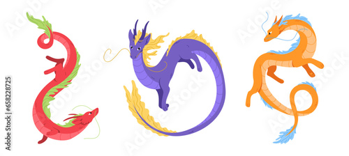 Flying dragon set for Chinese New Year 2024. Year of dragon. Zodiac sign in flat style. Symbol of oriental lunar new year. Asian dragon for decoration. Vector illustration isolated on white background