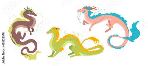 Set of dragon for Chinese new year 2024. Symbol Year of dragon isolated on white background. Flying dragon in flat style. Zodiac cartoon character. Asian lunar calendar talisman. Vector illustration