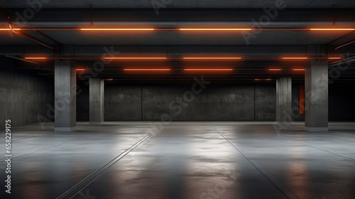 Empty dark underground tunnel, garage, corridor, warehouse with cement floor, asphalt, slab. LED lighting, neon lamps. Generation AI