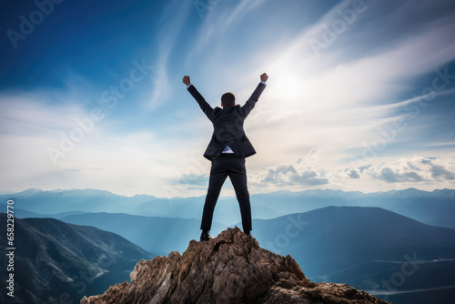 Businessman standing on top of a mountain with his arms raised celebrating success © Tida