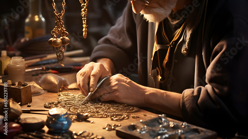 Photograph the hands of a silversmith crafting intricate jewelry, showcasing the meticulous precision in working with precious metals and gemstones. photo