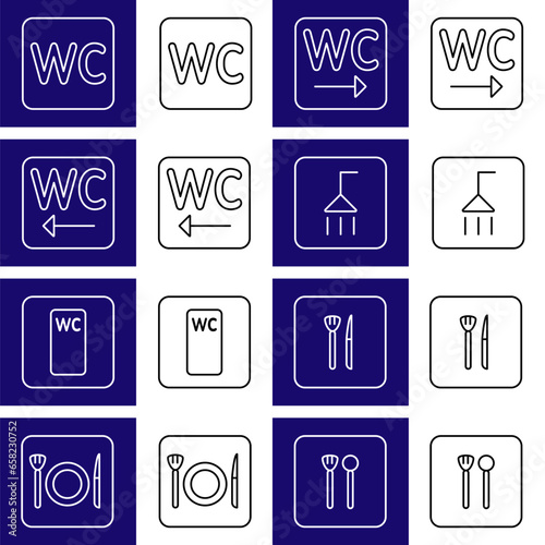 A set of 8 icons indicating a toilet and cafeteria. Available in two colors blue, white and white, black.