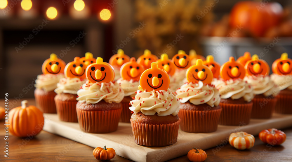 Festive Mini Pumpkin cupcakes on wooden board with smiling pumpkin toppers. Horizontal, close-up, side view.
Festive Mini Pumpkin cupcakes on wooden board with smiling pumpkin toppers. Horizontal, close-up, side view.