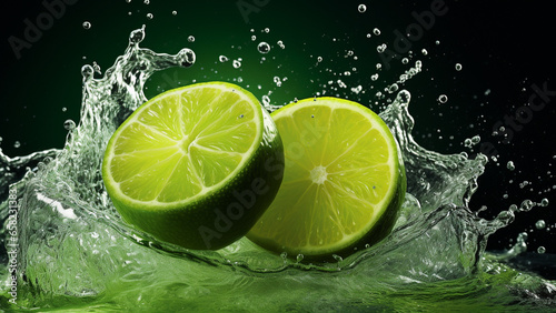 Several limes falling on water and splashing water droplets, commercial photo