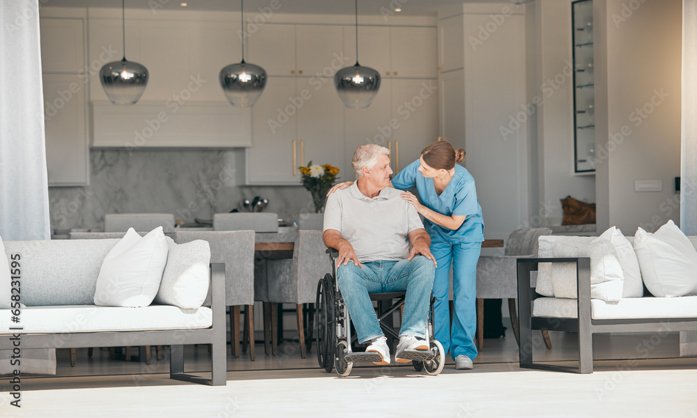 Woman, doctor and elderly care with wheelchair for support, trust or nursing in retirement or old age home. Female nurse or caregiver talking to senior man or person with a disability in living room - obrazy, fototapety, plakaty 