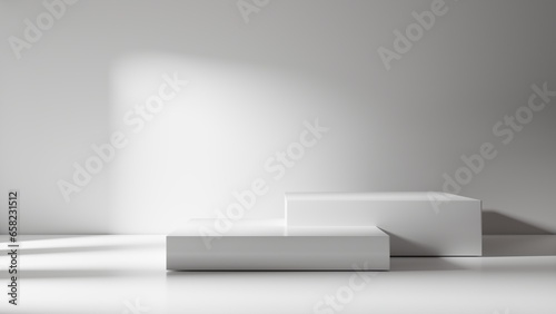 White empty podium or pedestal for product presentation on two floors. Mockup platform on white background. 3d rendering photo
