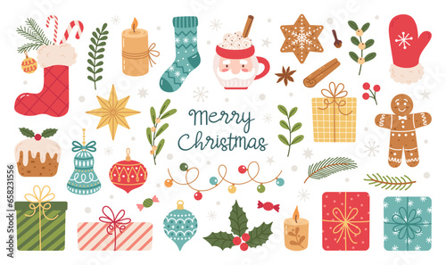 Christmas and New Year decorative hand drawn elements. Christmas decoration, Santa Claus, gifts, toys, candy, holly, gingerbread. Perfect for scrapbooking, greeting card, invitation, poster, stickers.