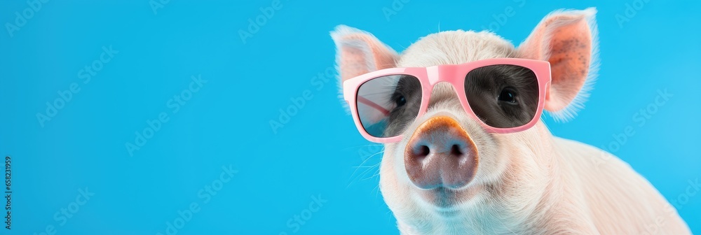 pink domestic pig wearing sunglasses on a blank bluebackground with space for text