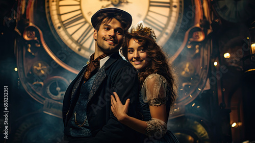 A young couple in steampunk clothing