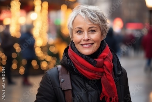 Mature woman in the city at Christmas time with lights on background