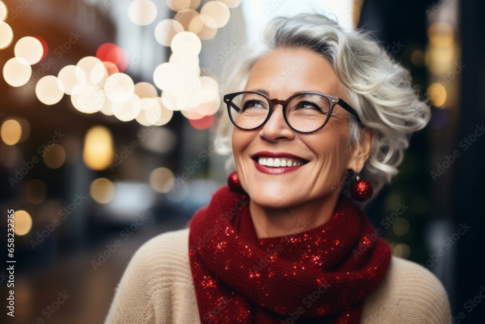 Portrait of smiling senior woman in eyeglasses and red scarf Portrait of smiling senior woman in eyeglasses and red scarf