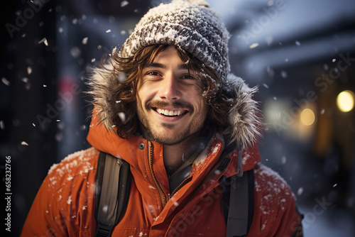 Portrait of happy smiling male tourist climber on a hike in the mountains in winter