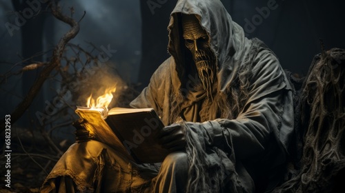 A solitary figure draped in a timeless robe sits peacefully in the midst of an ancient library, the pages of a beloved book absorbing their rapt attention