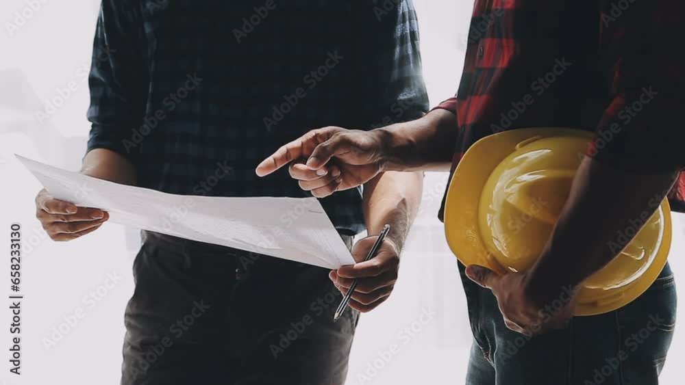  Image of team engineer checks construction blueprints on new project with engineering tools at desk in office.