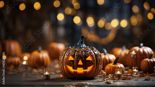 On halloween night, a glowing jack-o'-lantern carved from a cucurbita squash sits on a table, illuminated by the flickering flames of its candles, inviting all to come and join in the trick-or-t photo