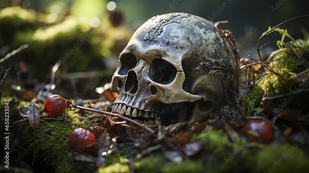 On a crisp autumn day, a solitary skull lay in the shadows of the tall trees, its bleached bone peeking out from beneath the thick carpet of fallen leaves and lush grass