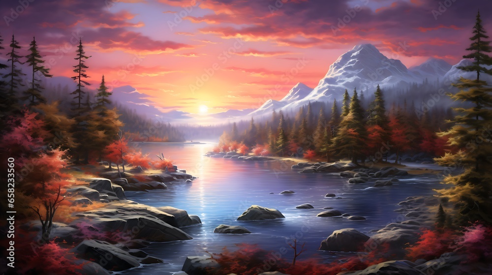 Sunset over lake in the mountains in Autumn 